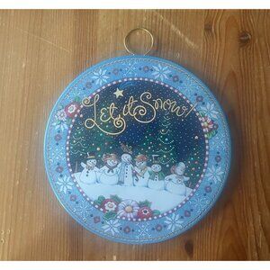 Vintage Round Mary Engelbreit Tin Box Co Christmas Let It Snow Ornament